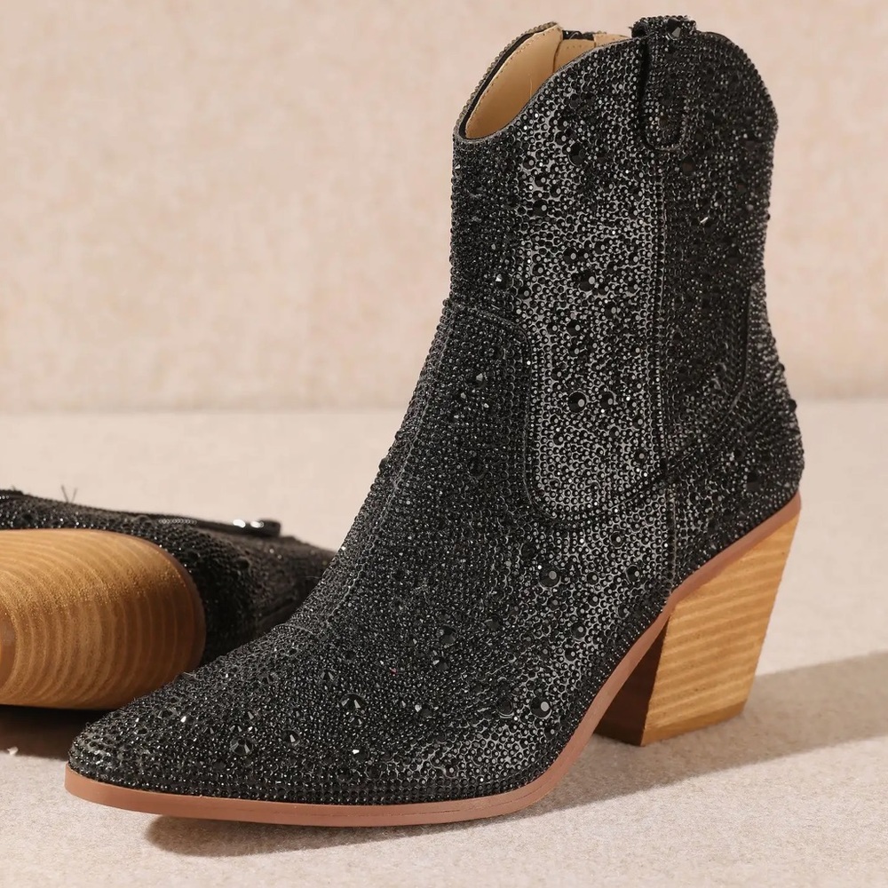 One Left! MIIM ANGEL KISSES Black Rhinestone Embellished Ankle Western Boots - Picture 3 of 6